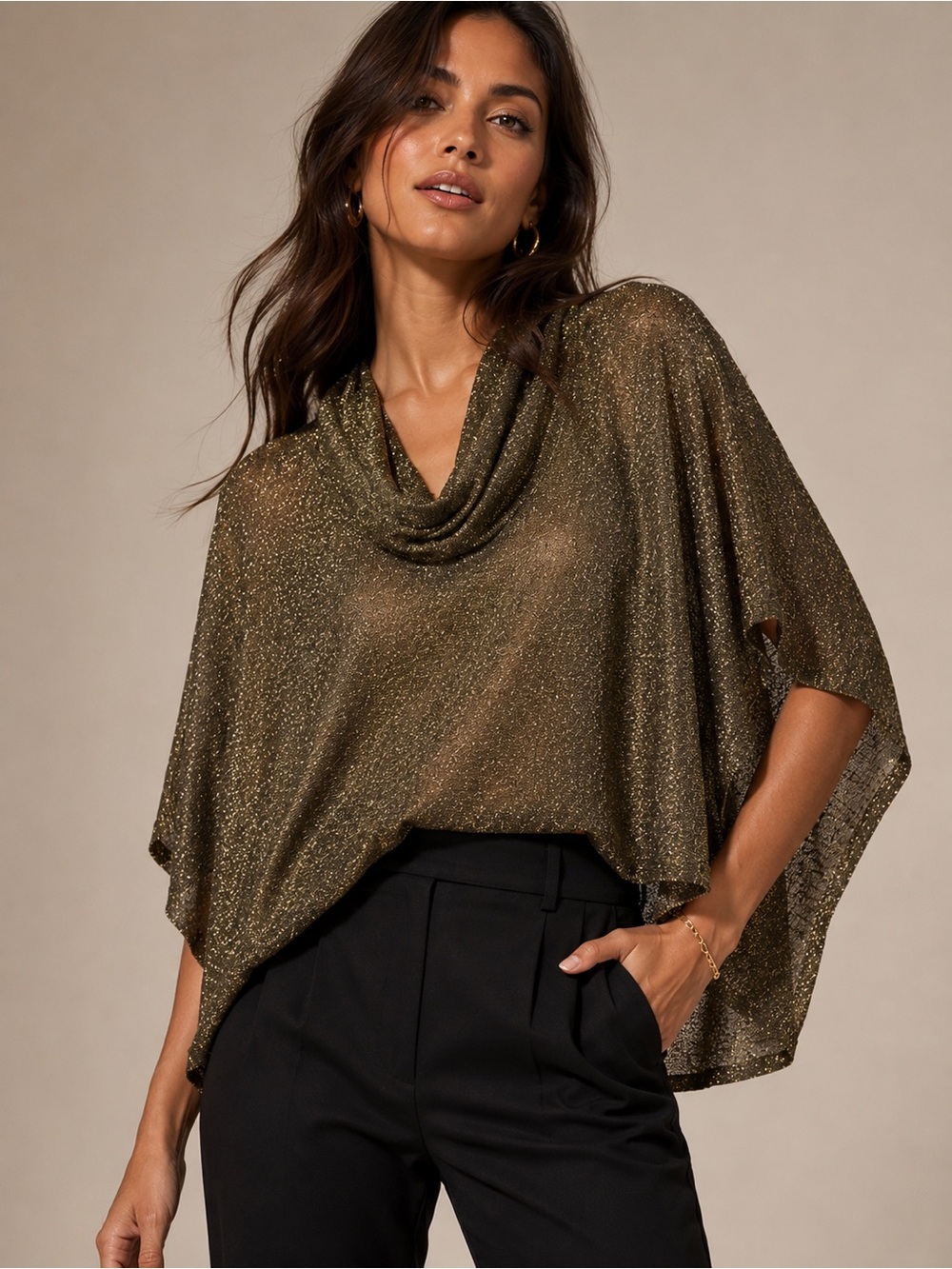 Gianni Bini Gold Metallic Shimmer Cowl Neck Poncho Blouse Dolman Top NWT S